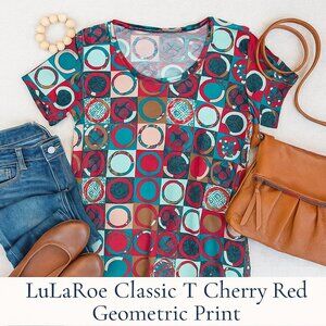 NWT LuLaRoe Classic T Geometric Print Women’s Large Short Sleeve Top Cherry Red